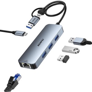 BENFEI 6971785943582 000386GY USB-C + USB 3.0 to Gigabit RJ45 + 3 Port USB 3.0 Hub Compatible with Mac - Image 1