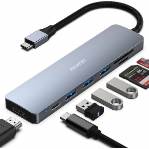 BENFEI 6971785943032 000307GY USB-C 7in1 Multi-port HUB with USB-C to HDMI, SD/TF Card Reader/3*USB 3.0/60W PD - Image 1