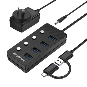 Simplecom CH345C SuperSpeed USB-A and USB-C to 4-Port USB 3.0 Hub 5Gbps Individual Switches and Power Adapter - Image 1