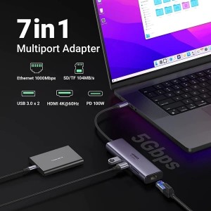 UGREEN 6957303865154 60515 7 in 1 Multiport Adapter with 4K@60Hz HDMI / PD100W /RJ45 /SD&TF /USB3.0 x 2 - Image 1