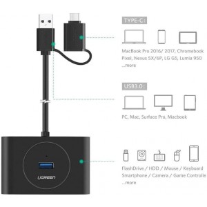 UGREEN 6957303848508 40850 USB3.0+USB-C 2 in 1 to USB-3.0 4 Port Hub Black with 1M cable - Image 1