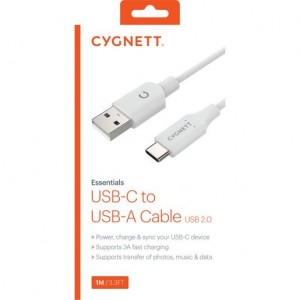 Cygnett Essentials USB-C to USB-A Cable (2.0) (1M) - White (CY2729PCUSA), Supports 3A/60W Fast Charging, Fast Data & File Transfer Speeds 480Mbps