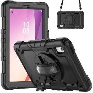 USP HDTLM19 Rugged Lenovo Tab M9 (9') Case + Screen Protector Black - Built-in-Kickstand, Adjustable Hand Strap, Shoulder Strap, 3 Year Warranty