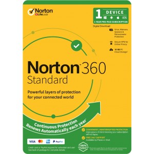Norton 360 Standard, 10GB, 1 User, 1 Device, 12 Months, PC, MAC, Android, iOS, DVD, VPN, Parental Controls, Attach OEM Edition, Subscription