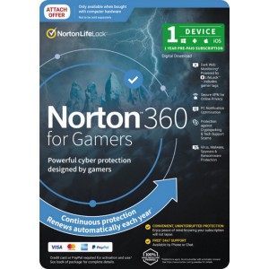 Norton 360 Security - Gamer Edition, 1 Device, Dark Web Monitoring, Password Manager, Secure VPN, MAC, IOS, Android, PC, OEM Attach, Subscription Only