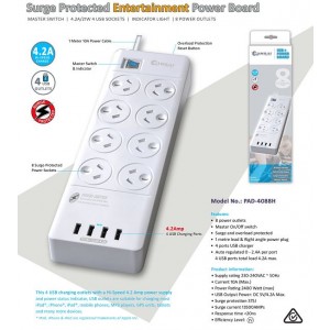 Sansai 8 Outlets & 4 USB Outlets Surge Protected Powerboard (PAD-4088H)