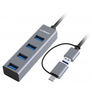 MBEAT MB-CU3H-4G 4-Port USB 3.0 Hub with 2-in-1 USB 3.0 & USB-C Converter - Space Grey transfer speeds up to 5Gbps Material: Aluminium Weight: 48g