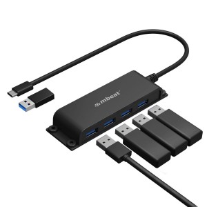 MBEAT MB-HUB-E04 Mountable 4-Port USB-A & USB-C Adapter Hub - 60cm Data Cable, USB 3.0, 2.0 High-Speed Data Port Expansion, Save Space Mounting Solution