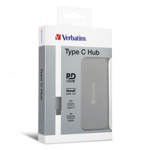 Verbatim USB-C  Hub - 1x HDMI, 2x USB3.0, Supports Up to 4k/30Hz Output, PD Fast Charging up to 100W Grey